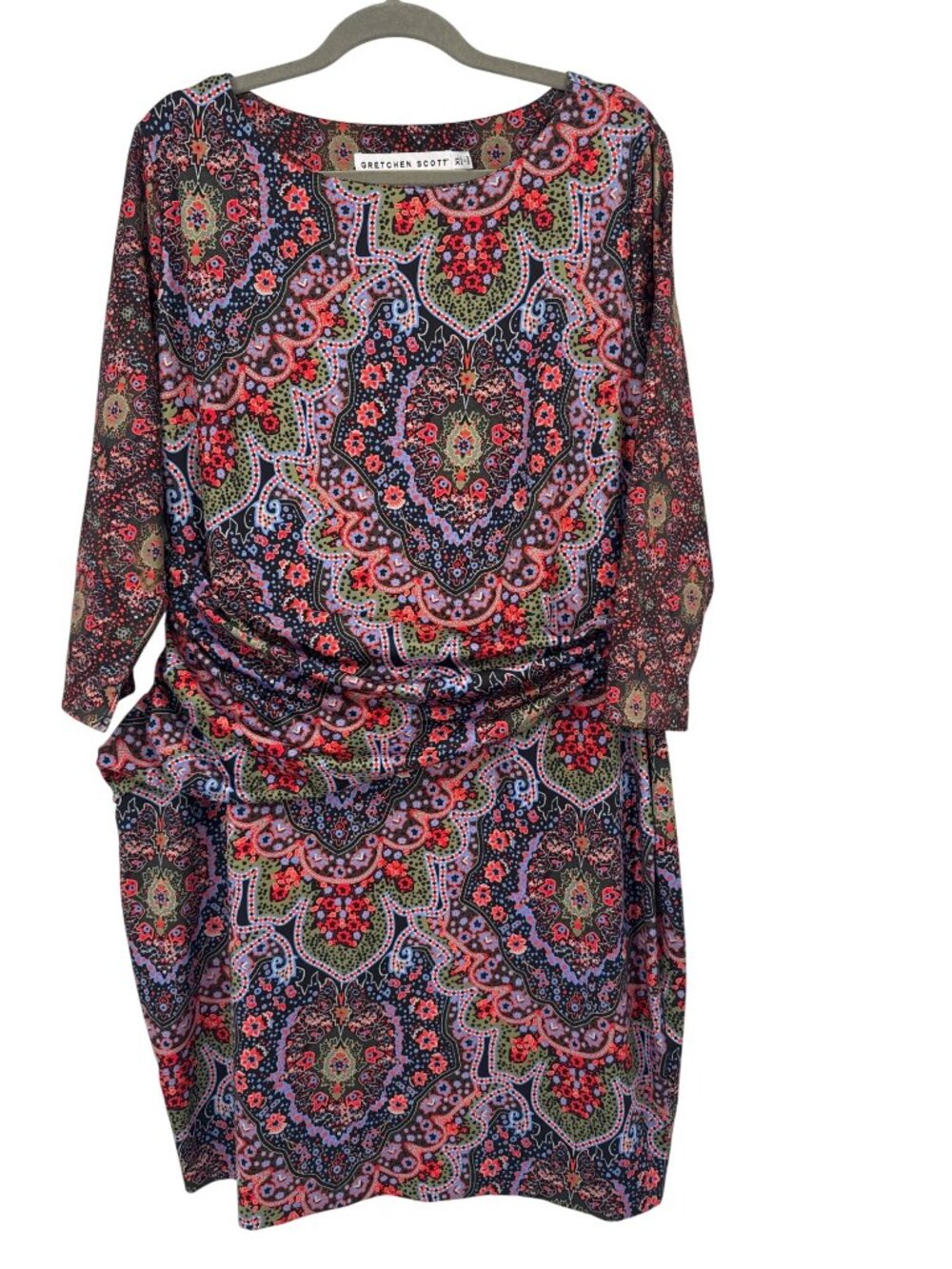Gretchen Scott Colorful Paisley Ruched Waist 3/4 Sleeve scuba knit dress size XL